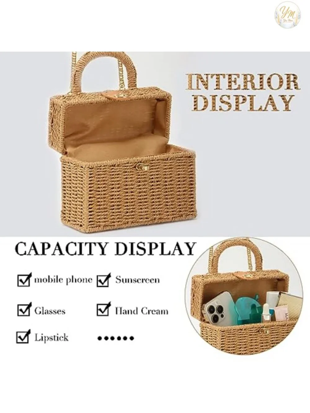 Handwoven Rattan Square Straw Tote Beach Bag Crossbody Shoulder Purse